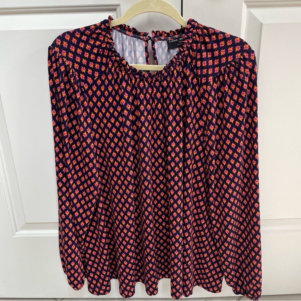Lane Bryant Navy Floral Swing Crew Ruffle Neck Long Sleeve Elastic Cuff Top